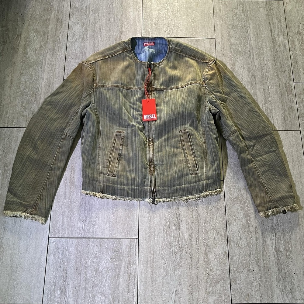 Diesel D-MARGE-FSD Jacket Mens Small Green Striped Denim Biker Italy Frayed